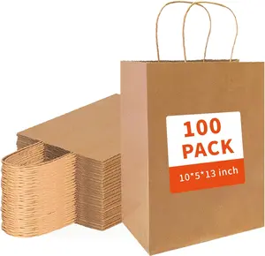 Bags with Handles 10 * 5 * 13 Inches 100 count,Paper  Bags with Handles Bulk,Shopping Bag for Wending,Birthday, Favor,Party,Retail Merchandise
