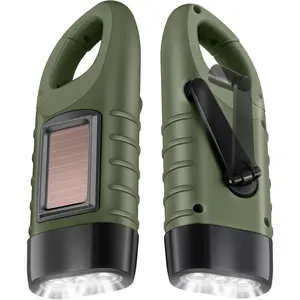 2 count Hand Crank Flashlight Solar  Flashlight for  Dynamo Rechargeable LED  Light for Outdoor  Hiking Camping (Army Green)