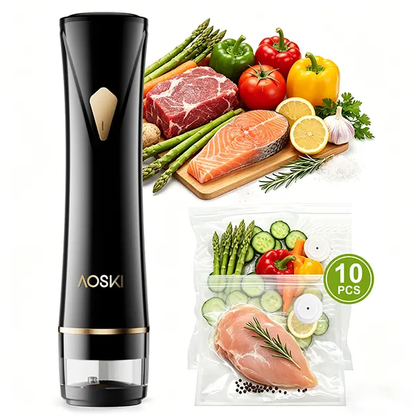 【SummerWins】AOSKI Cordless USB Rechargeable Compact Vacuum Sealer with 10 Reusable Vacuum Sealer Bags, Powerful Handheld Design, Extends Food Freshness by 5X, Food-Grade Material, Easy to Clean