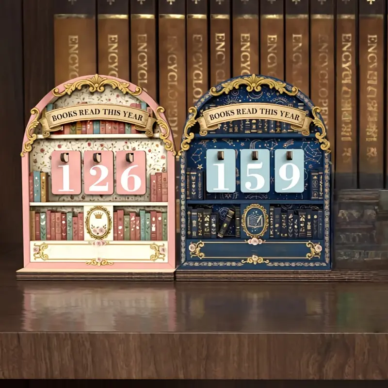 Wooden Vintage Book Reading Tracker Set, Tracks Up to 999 Books, Ideal for Reading Logs & Bookshelf Counters, Retro Design