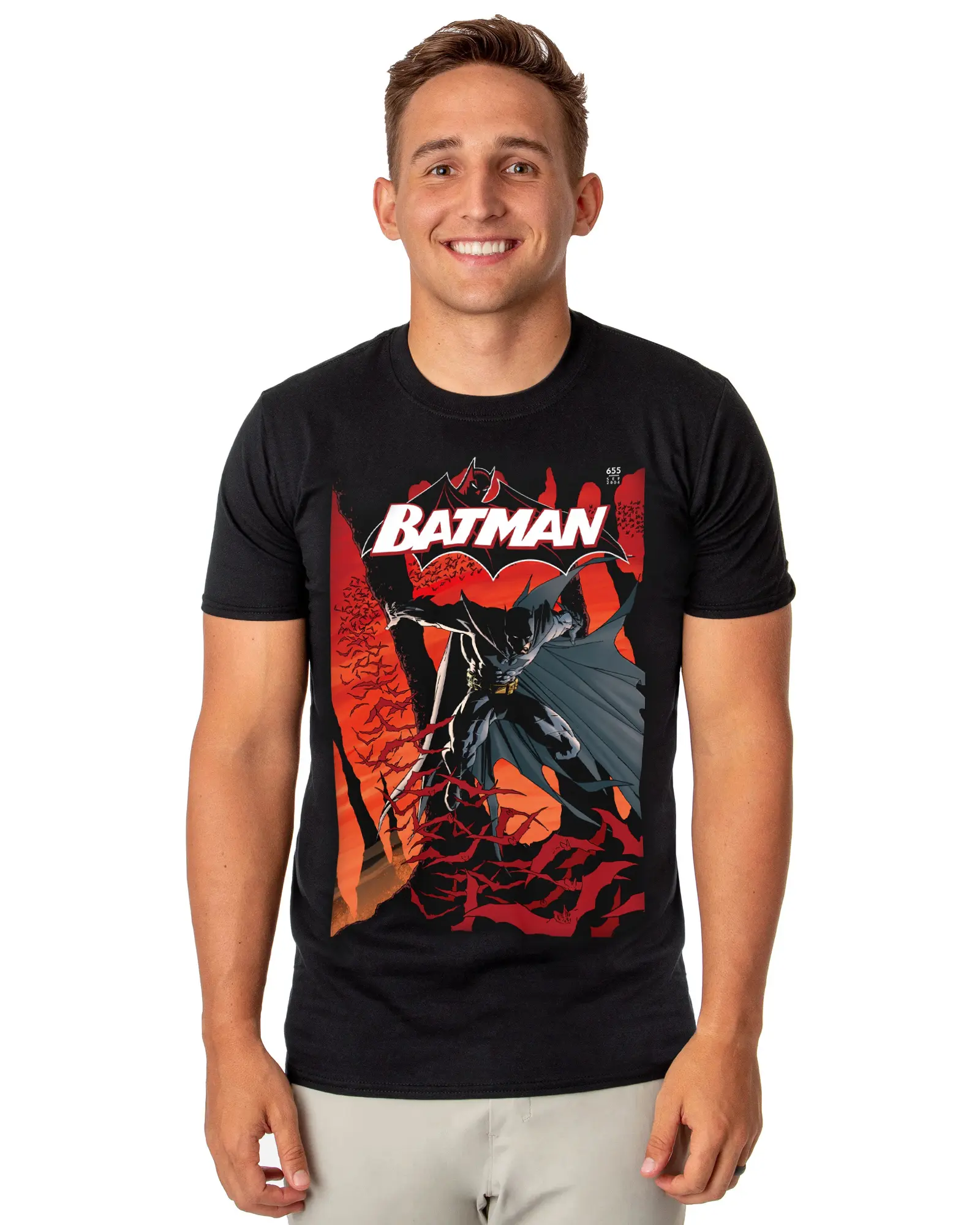 Men's DC Comics Batman Classic Short-Sleeve T-Shirt - Swarming Bats Design, Vibe-Focused, Ideal for Pairing with Joggers, Cape-Inspired Accents, Streetwear, Shortsleeve, Cotton, Graphic, Menswear