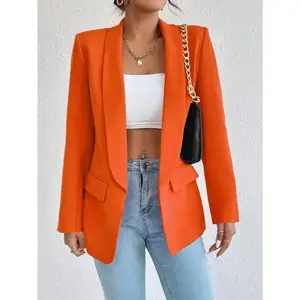 Women’s solid-color blazer set with shawl collar, fitted sleeves, pockets—casual women’s wear, basic minimalist design, orange fabric