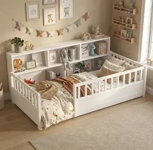 Floor  with Integrated Bookcase ,Fence Guardrails  , Toddler & Kids Floor  with Open Entry, Pine Wood Kids  Fram closet nursery  Bed Montessori boy girl