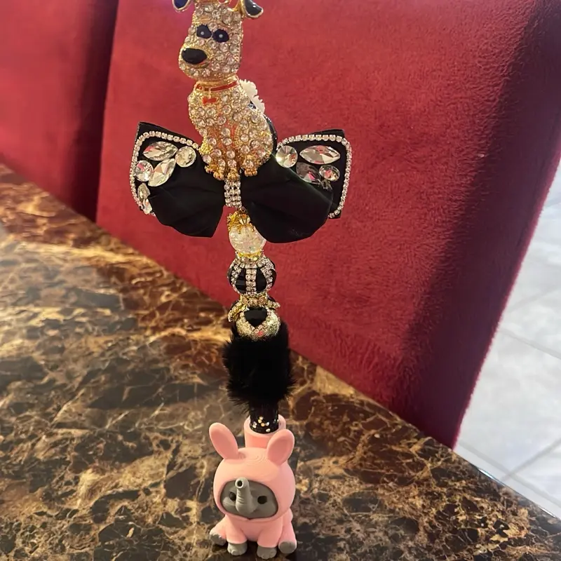 Gold Rhinestone Dog with Bow on a Rhinestone Furry Beaded Pen - Decorative Writing Tool with Glittery Design