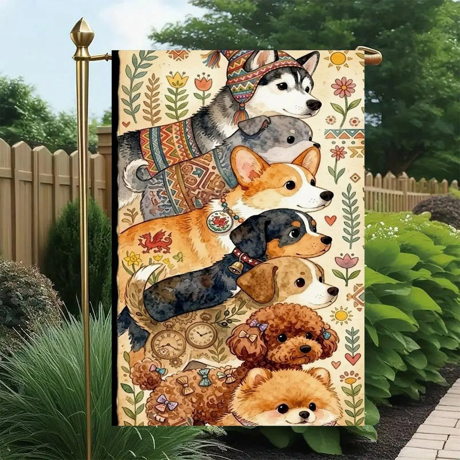 Vintage Watercolor Mixed Dog Breeds (Husky, Corgi, Dachshund, Poodle) Floral Boho Cottage Garden Flag - Double-Sided 12x18in Yard Decor, Backyard/Outdoor/Front Yard Decor Puppy Lover Entry Sign, Backyard Decor