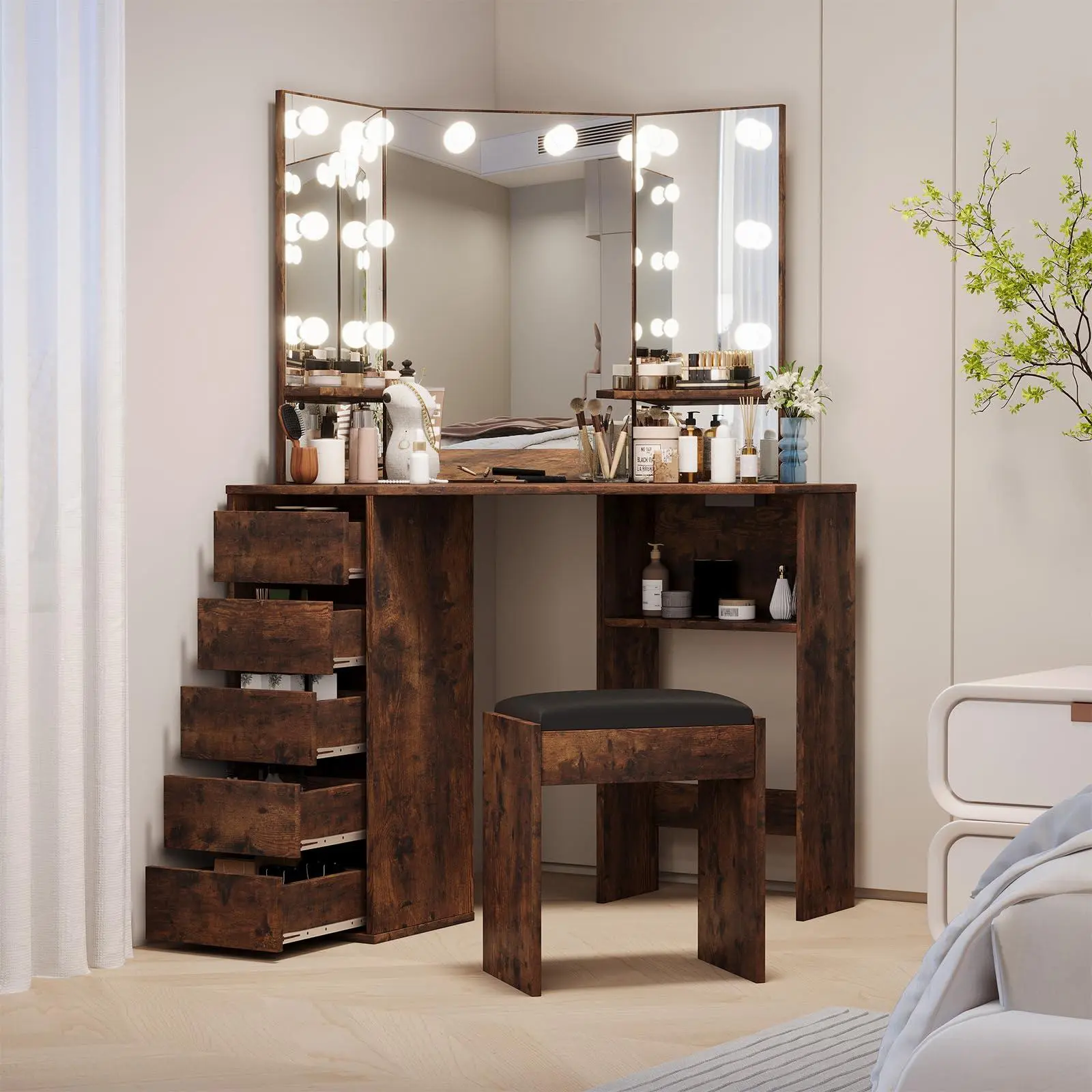 GARVEE Women's Dark Brown Corner Makeup Desk - Corner Setup, Includes Stool, Mirror, Adjustable Lights (3 Color & Brightness Settings), and Power Outlet
