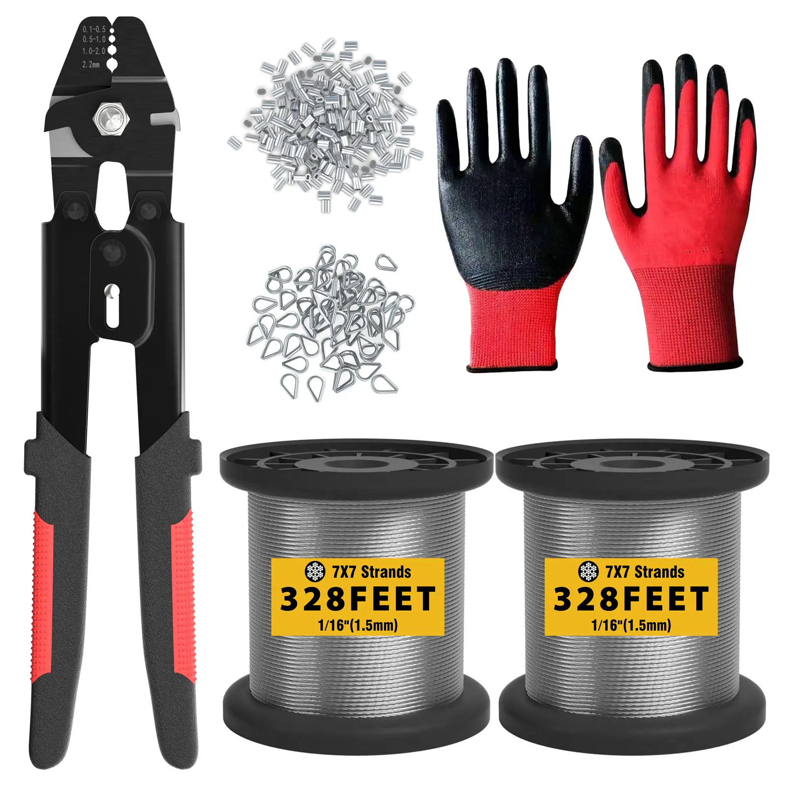 Sanuke Wire Rope Crimp Kit with 656ft 1/16 304 Stainless Steel Cable 7x7 Strand Core 400PCS 1/16'' Aluminum Crimp Loop Sleeves & 100PCS M2 Wire Rope Stainless Steel Thimble
