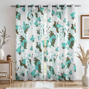 White & Mint Blue Western Cow Print Blackout Curtain 2Pcs/Set, No-Hole Ring Design, Washable Fabric, Perfect for Bedroom Living Room Office Heat Insulation, UV Protection, Multifunctional Home Decor