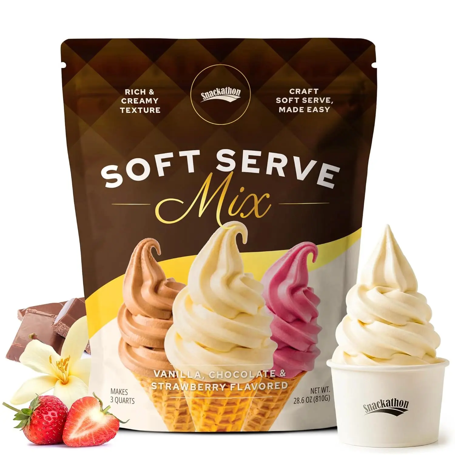 Snackathon Soft Serve Mix Variety Pack, 3 Creamy Flavors (Vanilla, Chocolate, Strawberry), Makes 3 Quarts, Preportioned Powder Mix for Ice Cream Maker, Frozen Desserts & Neapolitan Ice Cream