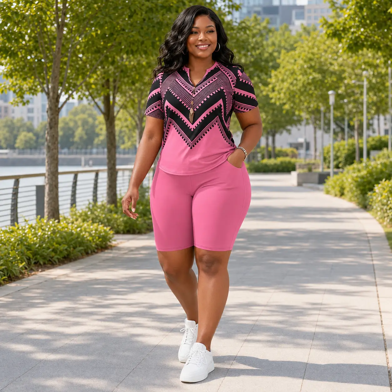 Women’s Plus Size Geometric Print Activewear Set, Short Sleeve Zip Neck Top with High Waist Pocket Shorts, Casual Athletic Outfit for Walking, Travel and Outdoor Wear