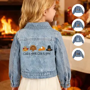 Thanksgiving Toddler Baby Fall Cotton Denim Jacket Long Sleeve Letter Print Top Coat Casual Clothes For Boys Girls