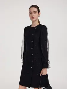 Wool Blend Tweed Sequins Women Long Sleeve Mini Dress