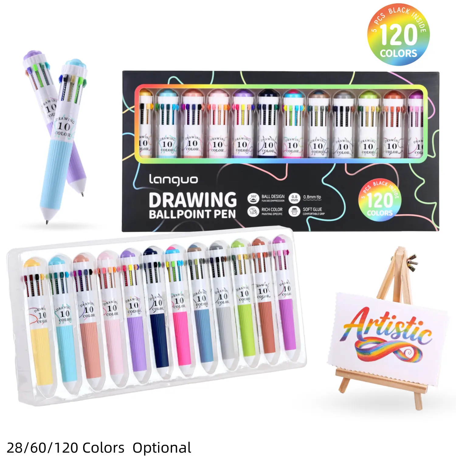 28/60/120 Colors Multicolor Ballpoint Pen Set 0.8mm, 10-in-1 Colored Pens Drawing Pens Set Fine Point Retractable Ballpoint Pens for Office School Supplies Students Gifts, 3/6/12 Pack