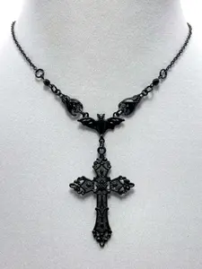 Gothic Dark Punk Bat Cross Pendant Necklace for Women, Vintage Victorian Halloween Party Jewelry, Unique Personalized Necklace, Gothic Cross Design