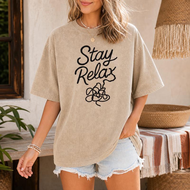 Minimal Relax Humor Graphic Tee for Women, Washed Cotton Oversized Casual Statement Shirt S-5XL