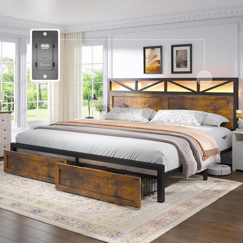Raybee LED Bed Frame with Charging Station & 2 Drawers, No Mattress, Farm Style Full Queen King Size Bedframe with Headboard & 2 Wooden Drawers, Noise Free, Holds 900lbs, No Box Spring Needed