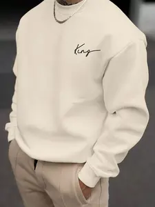 Men's Letter Print Drop Shoulder Thermal Lined Sweatshirt, Loose Casual Long Sleeve Round Neck Pullover for Fall & Winter, Men's Clothes for Daily Wear, Mens Clothing