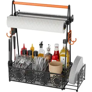 Outdoor Grill Caddy Organizer: Camping Kitchen Accessories Rack With Paper Towel - Utensil Condiment Storage For Patio Camper BBQ Party RV