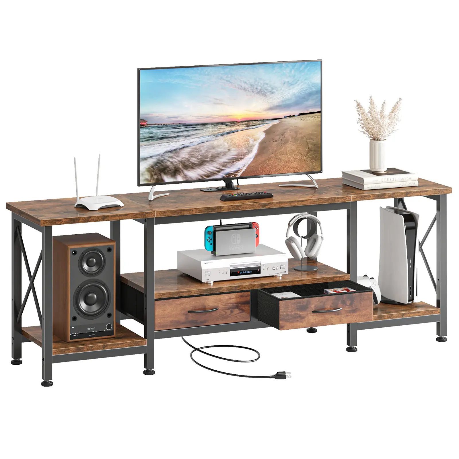 Sweetcrispy Industrial TV Stand - Indoor Furniture Entertainment Center with Power Outlets, 2 Fabric Drawers, Open Shelves, Console Table for Living Room, Bedroom, Tv Console Cabinet, Wooden Tv Stand