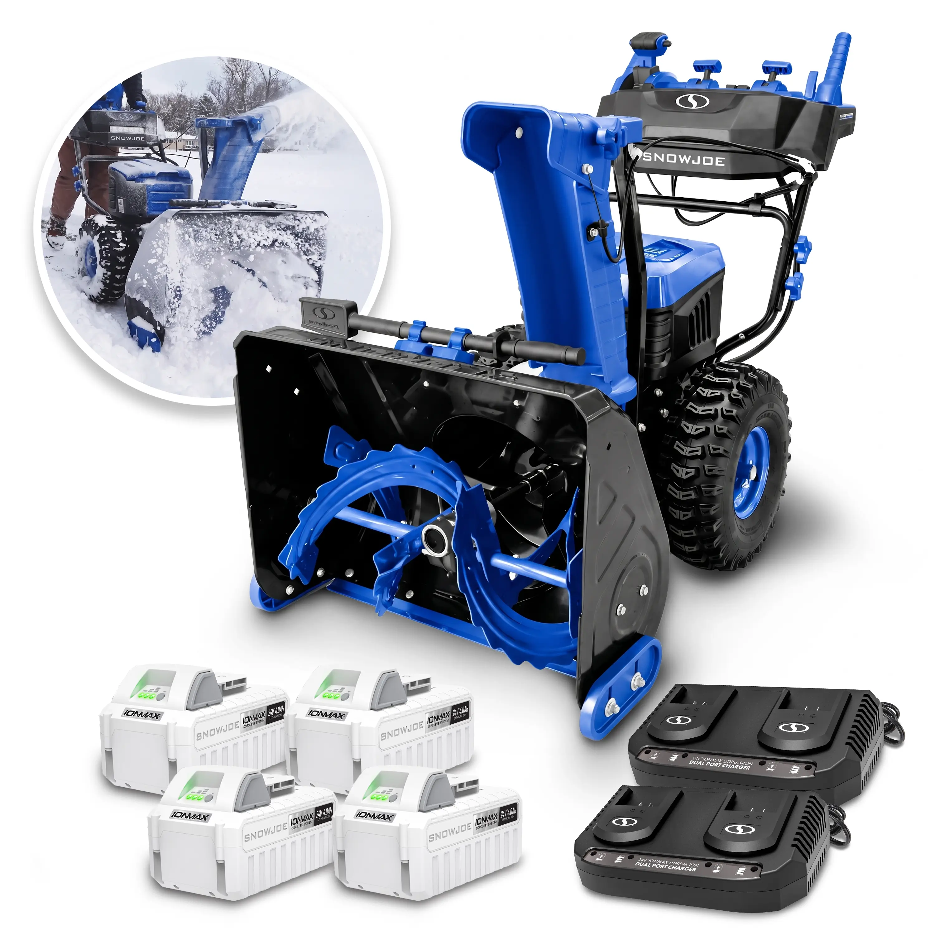 Snow Joe 96-Volt MAX IONMAX Cordless Brushless Self-Propelled Dual-Stage Snow Blower, 24-in, with 4 x 12.0-Ah Batteries, 2 x Dual Port Chargers, Steel Blades, Auto Rotate, Deck Safe, Night Clearing