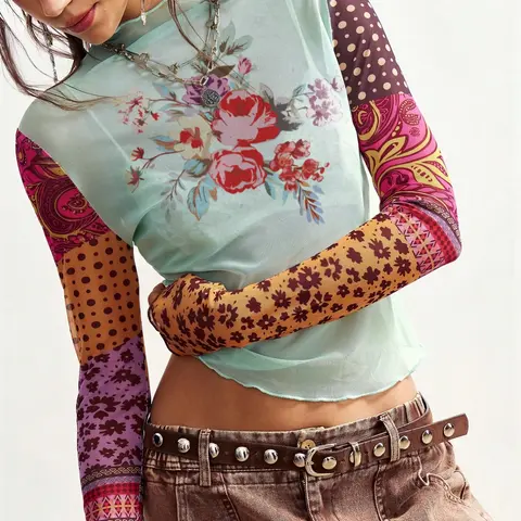 Women's Bohemian Style Sheer Mesh Top, Chic Casual Bohemian Floral Print Long Sleeve High Neck Top, Comfortable Fitted Design, Ideal for Daily Commute, Streetwear, Travel, Campus Wear