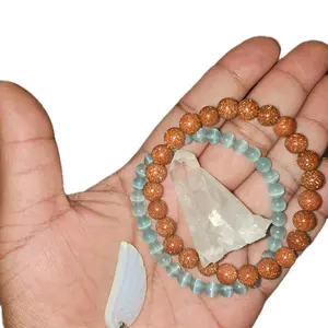 Ken Authentics Anti Anxiety Crystal Collection - Aquamarine and Goldstone Beaded Bracelets with Unique Crystal Stone