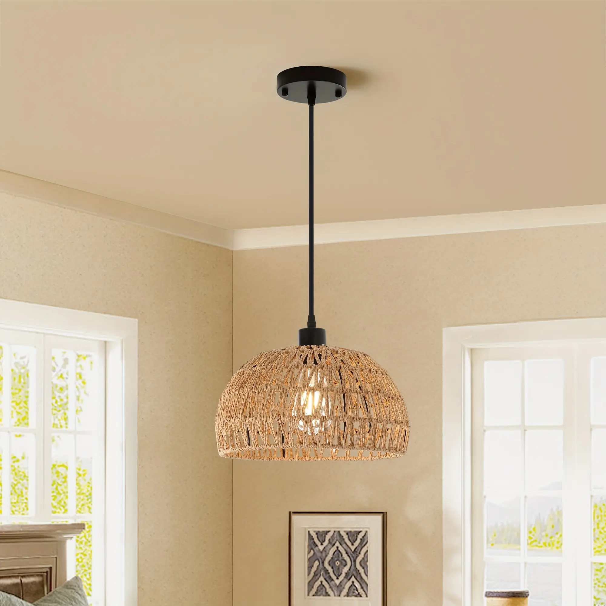 Boho Chandelier Light Fixture, Farmhouse Woven Rattan Pendant Light, Rustic Cage Hanging Lamp for Kitchen Island Living Dining Room Bedroom