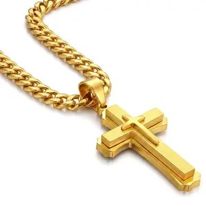 Mens stainless steel Cuban chain cross pendant necklace-stylish chain link design-pendant necklace for him-ideal gift for men