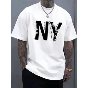 1 Piece, 100% Cotton, Simple NY Letter Pattern Printed T-Shirt, Men's T-Shirt With Four Seasons Leisure And New Trend, Cotton Short-Sleeved T-Shirt With Round Neck And High Street, Fashion Boutique T-Shirt, Halloween Thanksgiving Christmas Gift.