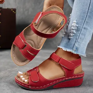 Women's Beige Large Size Wedge Sandals - Casual Open Toe, Comfortable Ankle Strap, Breathable PU Sole, Summer Women's Beach Flats Footwear Walking Shoes Nail