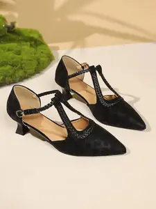 Wide Fit Pointed Toe Cat Heel Shoes, T-Strap Braided Design, Comfortable Low Heel, Versatile for Commute, Casual, Date, Light Business