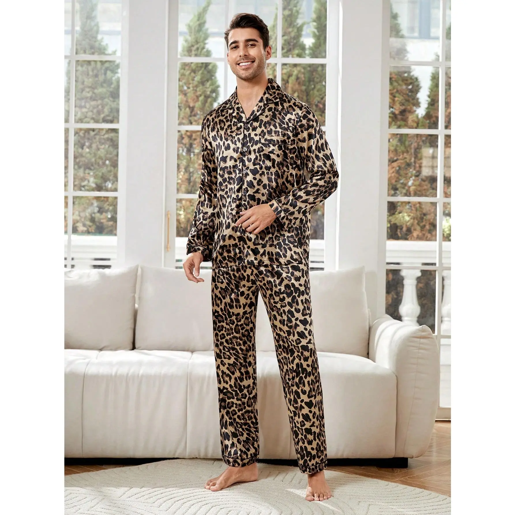 Women's Plus Size 2-Piece Leopard Print Cute Pajamas Set - Light Outdoor Fabric, Long-Sleeve Shirt, Elastic Waist Pants, Adjustable Drawstring, Soft Breathable Low Iron Clothes Loungewear Nightwear
