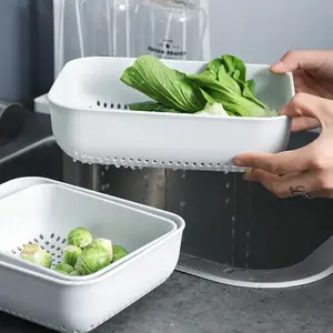 Stackable Rectangular Fruit Drainer Set 3-In-1 Kitchen Water Filter Basket