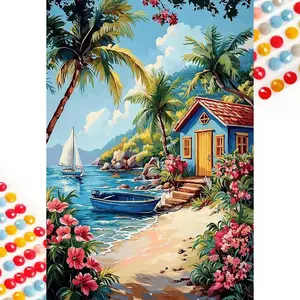 5D DIY Full Drill Round Diamond Painting - Diamond Art Kit Tropical Scenery Mosaic, Canvas - DIY Decorative Painting, Home Wall Decor, Suitable for Halloween and Christmas, Birthday and Anniversary Gifts, Diamond Painting Kits