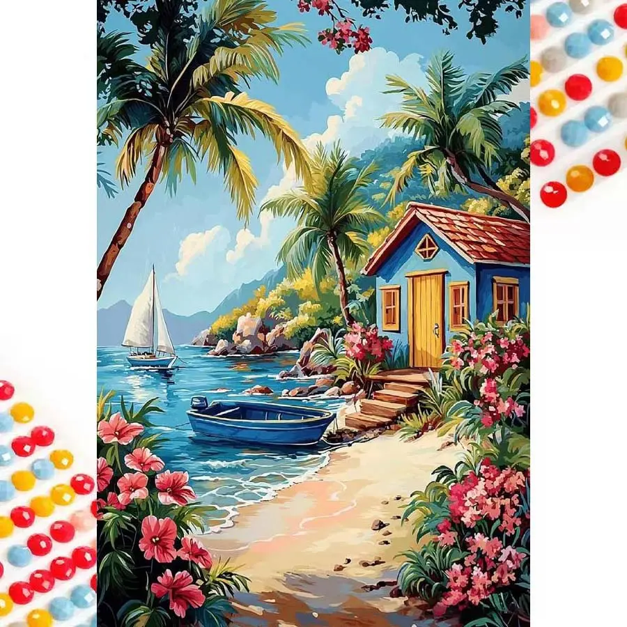 5D DIY Full Drill Round Diamond Painting - Diamond Art Kit Tropical Scenery Mosaic, Canvas - DIY Decorative Painting, Home Wall Decor, Suitable for Halloween and Christmas, Birthday and Anniversary Gifts, Diamond Painting Kits