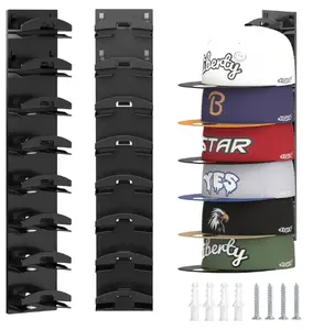 Wall‑Mounted Multi‑Layer Baseball Cap Storage Rack, 2‑Pack Set, Holds Up to 16 Hats Total, Punch‑Free Adhesive Hanging Organizer, Ideal for Closet Door Storage & Stylish Wall Display Decor, Sleek Black Hat Organiser
