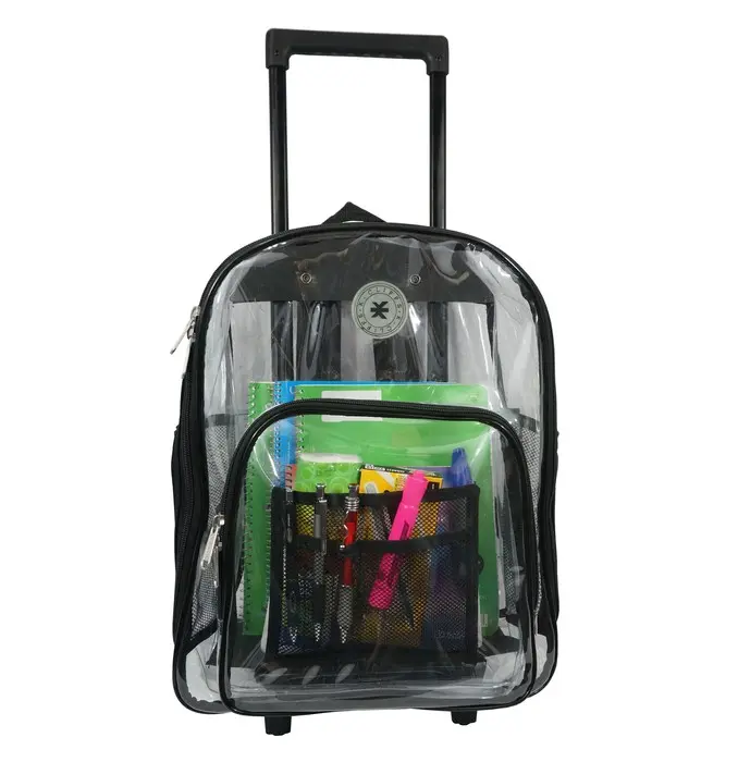 212 MAIN Wheeled Deluxe Black Trim Backpack, 17 in., 0.5 mm PVC See-Through Material, with Adjustable Strap and Secure Buckle, Black Trim Backpacks