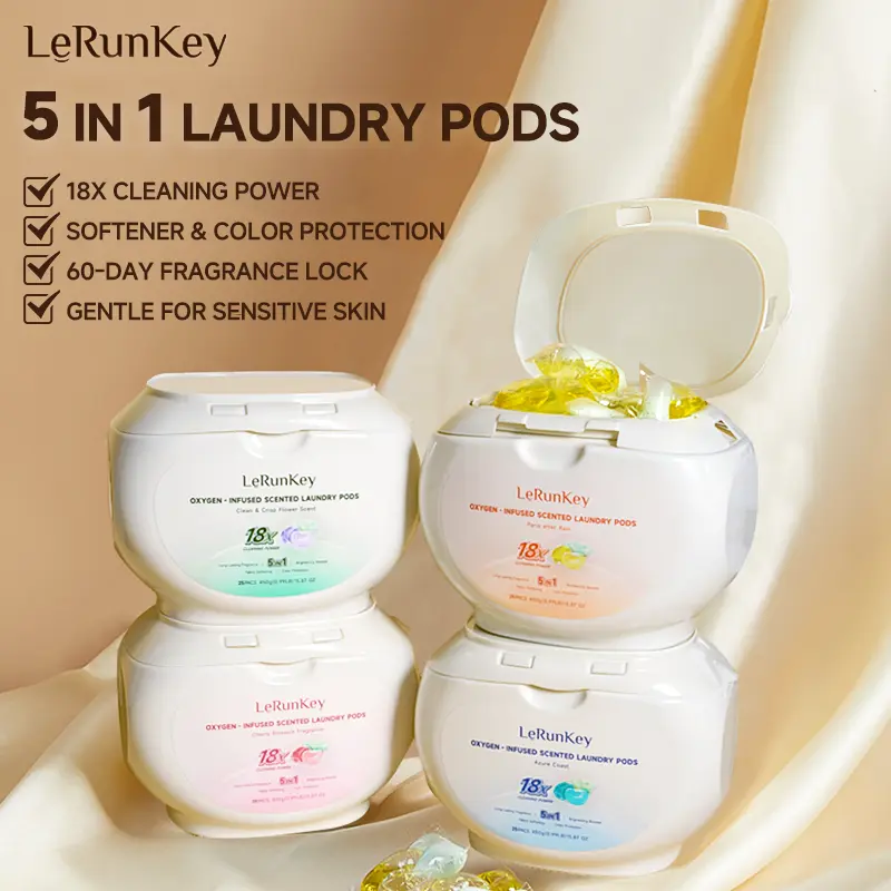 LeRunKey 5-in-1 Laundry Pods Liquid Laundry Detergent Pacs No Harsh Chemicals Ultra Concentrate 18X Cleaning Power 60-Day Fragrance Genencor Protease Enzymes Luxury Perfume Microcapsules 18g Mega Pod