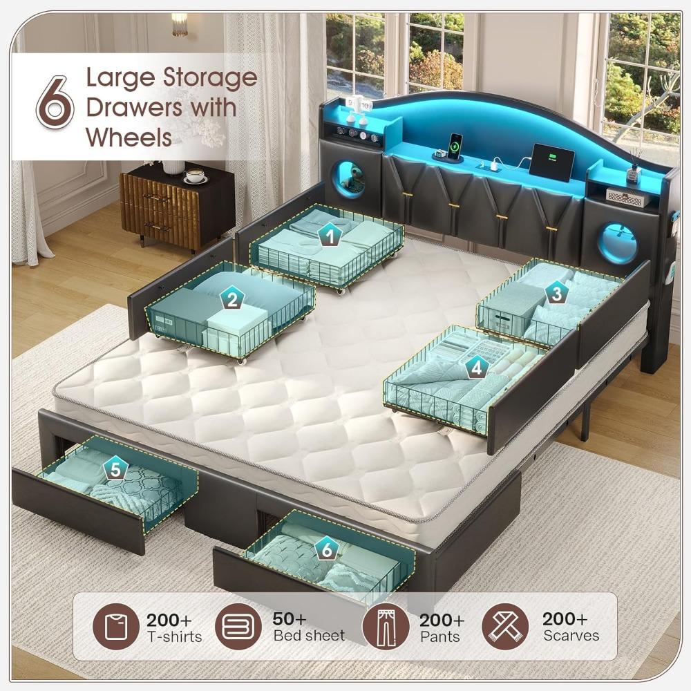 California King Bed Frames, Cal King Bed Frame with Storage Headboard & 6 Drawers, Platform Bed with with LED Lights & Charging