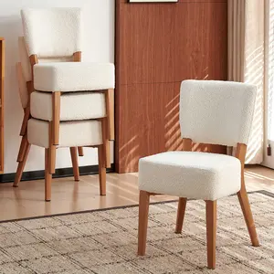 Stackable Dining Chairs Set of 4, Upholstered Fabric Mid Century Modern Farmhouse Kitchen Dining Room Chairs with Oak Wood Grain Metal Legs for Living Room Small Space, White