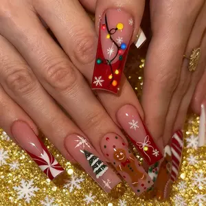 Christmas Long Press on Nails Red French Tip Gingerbread Man Fake Nails with Colored Lights & Candy Designs Square Xmas Glue on Nails Winter Snowflake Nails Press ons for Women  Long  Christmas Snowman Tree Bow Berry Designs Decorative False Nails 24Pcs