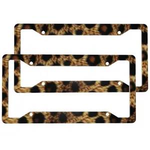 2pcs Beautiful Brown Black Leopard License Plate Frame Aluminum License Plate Holder Funny Fancy License Plate Decorative with Screws Size 12.2x6.3 Inch Men Women Car Accessories
