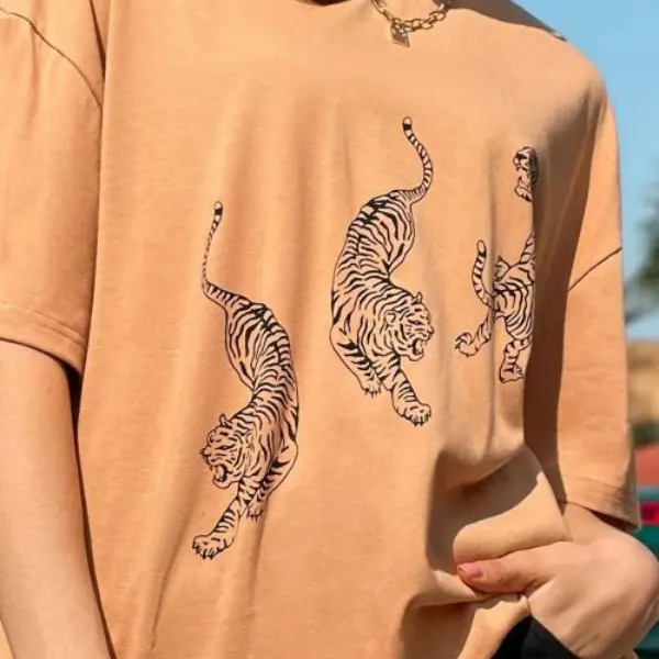 Khaki Tiger Print Drop Shoulder Tee Letter Graphic Oversized Tee Casual Polyester
