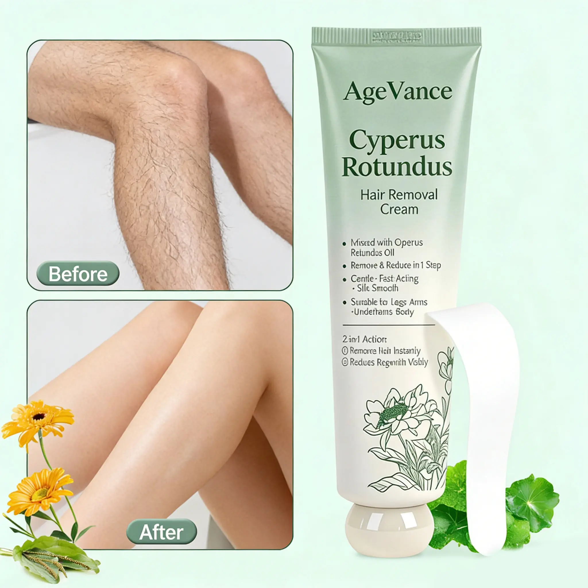 AgeVance Cyperus Oil Hair Removal Cream - Body Care, Body-Safe & Easy Grooming Depilatories, Anti-Razor Bump, Regrowth Reduction, Vegan Natural Extracts, for Women & Men (Legs, Arms, Underarms, Bikini Area; Not Scalp)