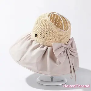 Women's 2026 Summer Black-Coated Cotton Bucket Hat, Outdoor Sun Protection Straw Hat, Open-Top Ponytail-Friendly Packable Sun Visor