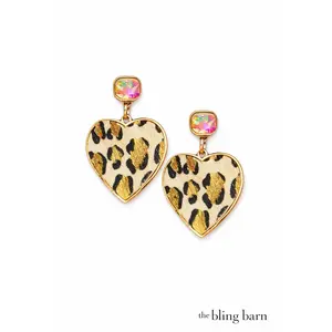 The Bling Barn Wild at Heart Leopard Earrings - Faux Cowhide Leopard Print Gold-Tone Metal Iridescent Crystal Stud Lightweight & Comfortable for Everyday Wear