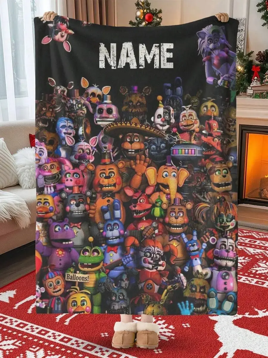Personalized Custom Name FNAF Flannel Throw Blanket, Soft Warm Animatronics Collage Fleece Blanket, Horror Gaming Decor for Bed Sofa Gaming Room, Unique Birthday Christmas Gift For Kids Gamers Fans