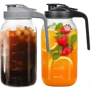 64oz Airtight Glass Pitcher with Lid,2 Quart Wide Mouth Mason Jar Pitchers for Fridge,Leak-proof Iced  Dispenser,Large Container for Sun ,Juice,Cold Brew Coffee, Storage and Drinks (Black+Gray)