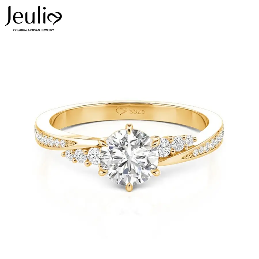 Jeulia Simple Twist Round Cut 925 Sterling Silver Gold-Plated Promise Ring for Women, Elegant Minimalist Fine Jewelry, Romantic Commitment Ring for GF, Anniversary Gift with Included Gift Box, Promise Ring For Gf