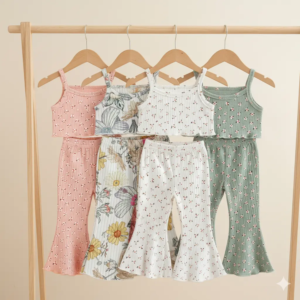 Toddler Girl 2-Piece White Floral Ribbed Crop Top & Bell Bottom Set - Trendy, Comfy Baby Clothing Gift Set #BabyFashion #SummerVibes, White Set